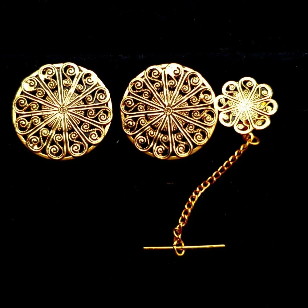 Destino Filigree Cufflinks & Tie Tac Gold‎ Tone Pin Tack Round Open Work Vintage